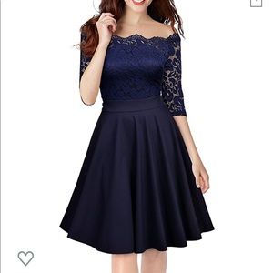 Vintage Lace Off-Shoulder Navy Swing Dress
